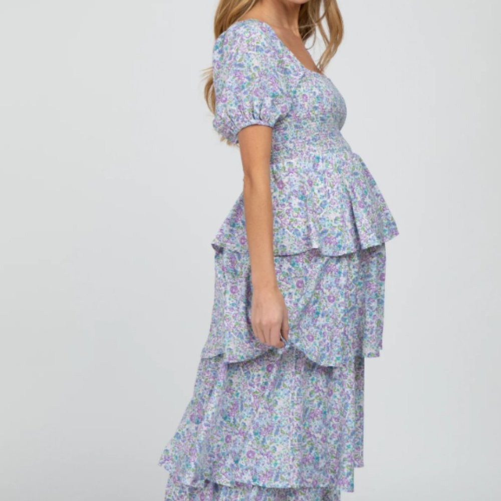 NWT Pinkblush Blue Floral Square Neck Ruffle Layered Maternity Maxi Dress Sz S